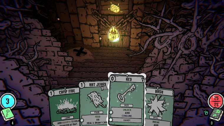 A chained wooden door with a glowing padlock at the end of a tunnel, with four green explore cards in hand
