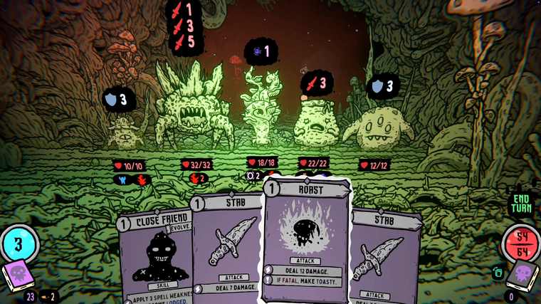 Five mushroom enemies with health bars and attack intent bubbles, three purple combat cards in hand